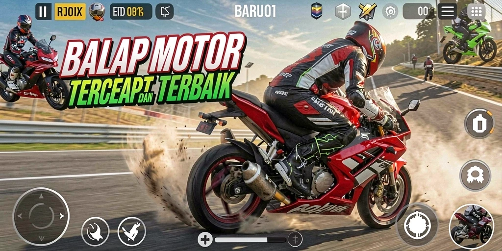 Screenshot gameplay BARU01 yang mendebarkan dalam balap motor.