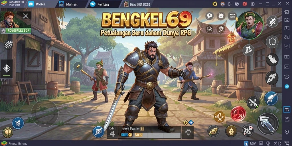 Screenshot utama BENGKEL69 menampilkan pertarungan epik dalam dunia fantasi.