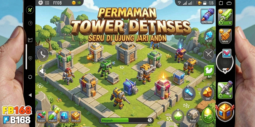 Tampilan gameplay FB168 dengan menara yang siap bertahan.