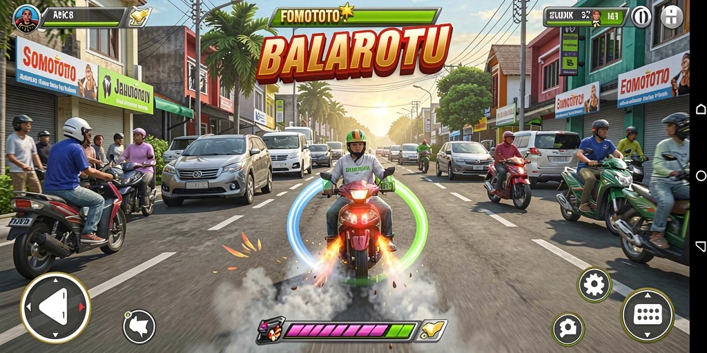 Tampilan gameplay seru FOMOTOTO dengan balapan mendebarkan.