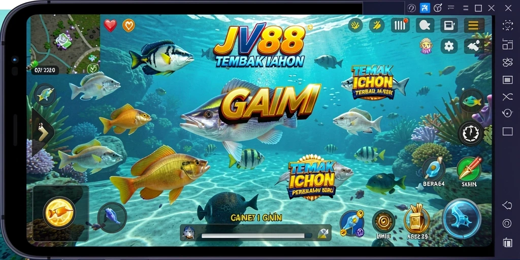 Tampilan gameplay yang mendebarkan dalam JV88 dengan berbagai ikan untuk ditangkap.