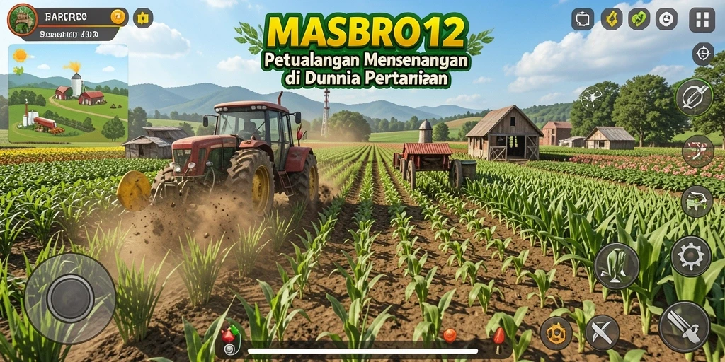 Tangkapan layar gameplay MASBRO12 menunjukkan suasana pertanian yang hidup dan penuh warna.