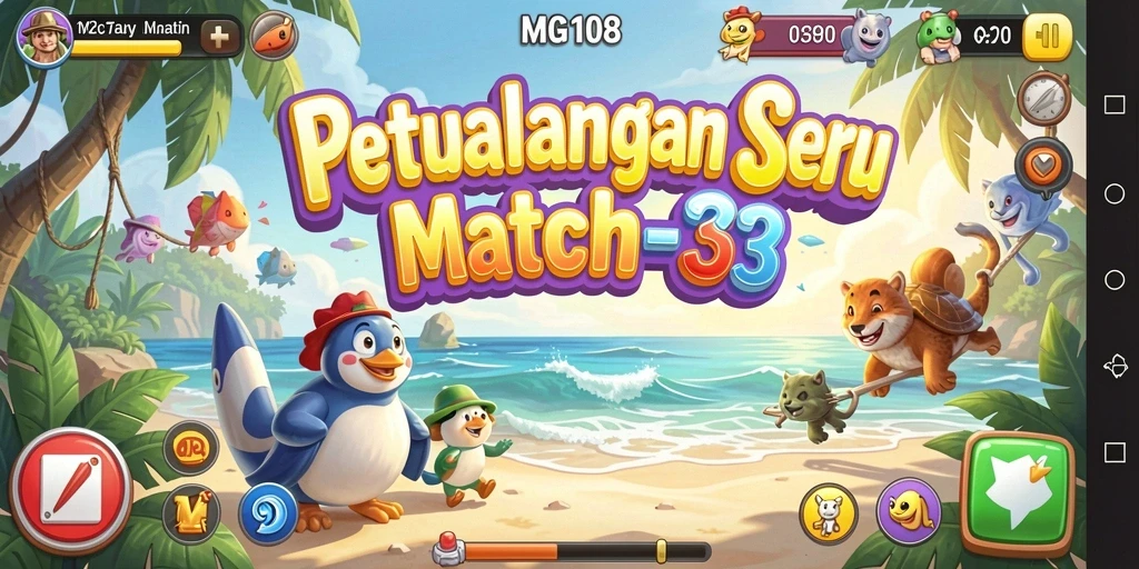 Screenshot MG108 menunjukkan gameplay Match-3 yang seru dan penuh warna.