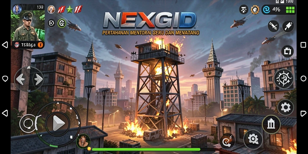 Screenshot gameplay NEXGID menampilkan aksi seru Tower Defense dengan penempatan menara strategis.