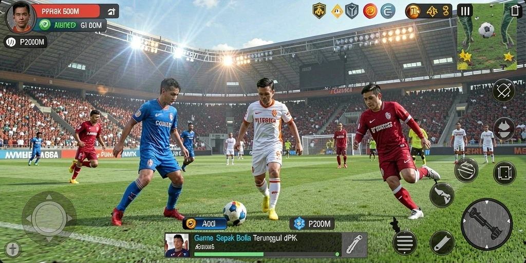 Screenshot P200M menampilkan aksi permainan sepak bola yang seru.