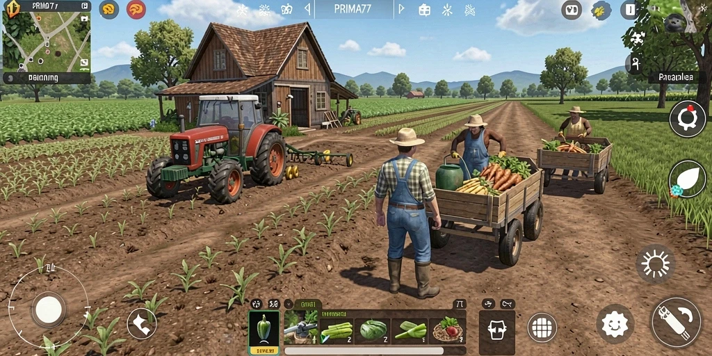 Tampilan screenshot <strong>PRIMA77</strong> menampilkan petani sedang merawat tanaman di kebun.