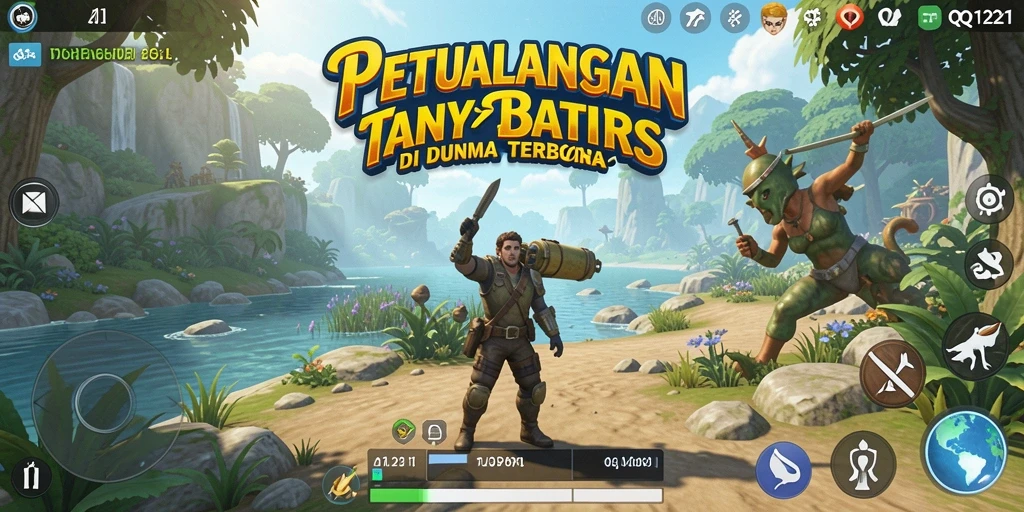 Screenshot gameplay QQ1221 menampilkan petualangan di dunia terbuka yang luas.