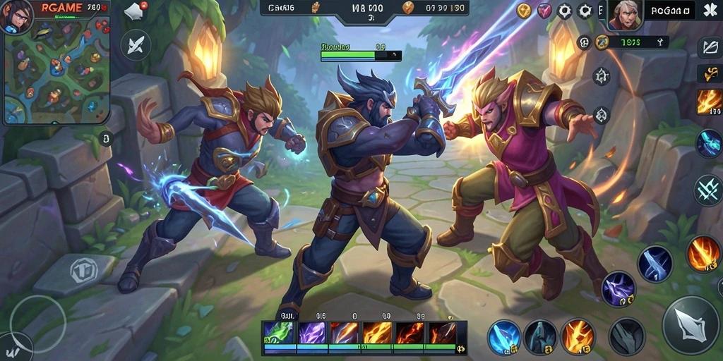 Tampilan gameplay RPGAME dengan pertempuran seru antar karakter MOBA.