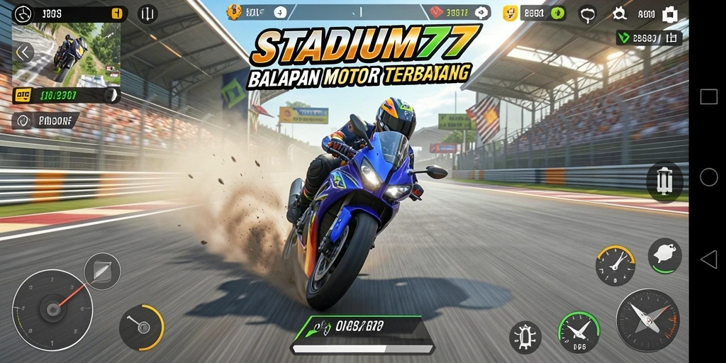 Tampilan gameplay menegangkan dalam STADIUM77 saat berlaga di trek balapan.