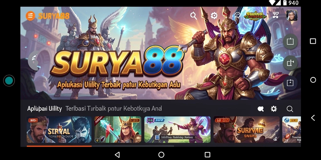 Tampilan antarmuka utama SURYA88 dengan berbagai fitur utility yang memudahkan.