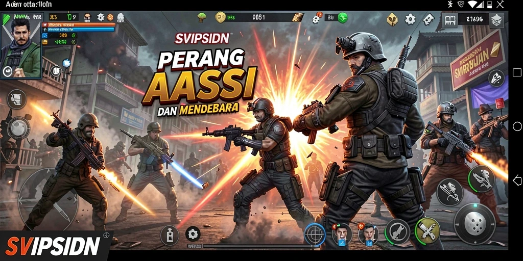 Screenshot utama SVIPSIDN menampilkan aksi pertempuran seru dan karakter yang dinamis.