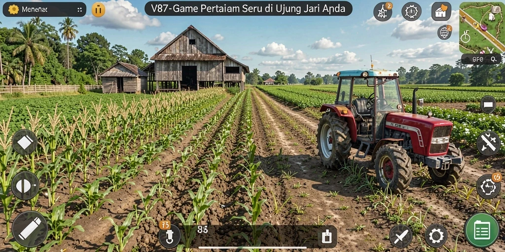 Tampilan screenshot gameplay V87 yang menampilkan aktivitas pertanian yang seru.