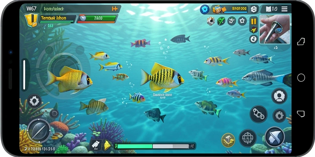 Screenshot gameplay W67 menampilkan aksi seru menembak ikan.