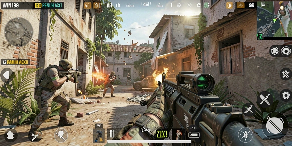 Tangkapan layar gameplay WIN199 yang menampilkan aksi tembak-menembak intens.